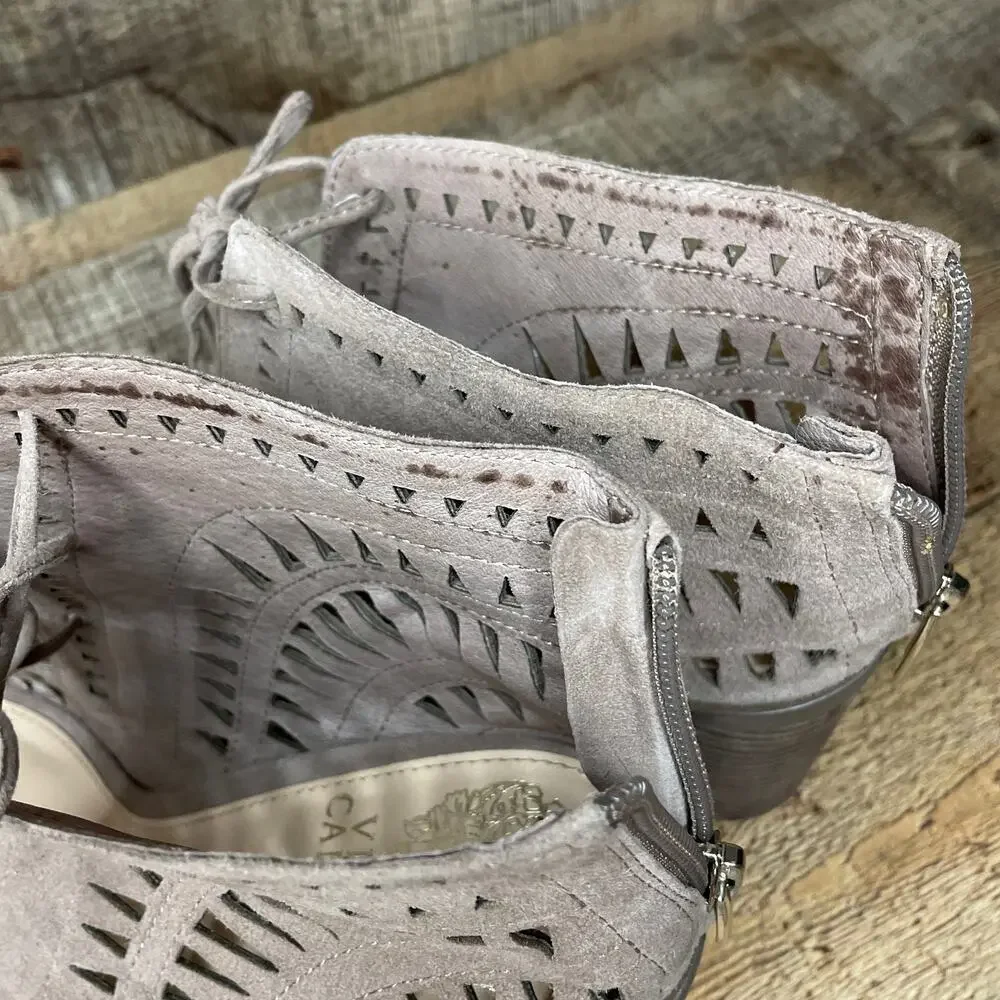 Vince Camuto Tarita Laser Cutout Lace Up Bootie Sandals Tan Suede SZ 7.5